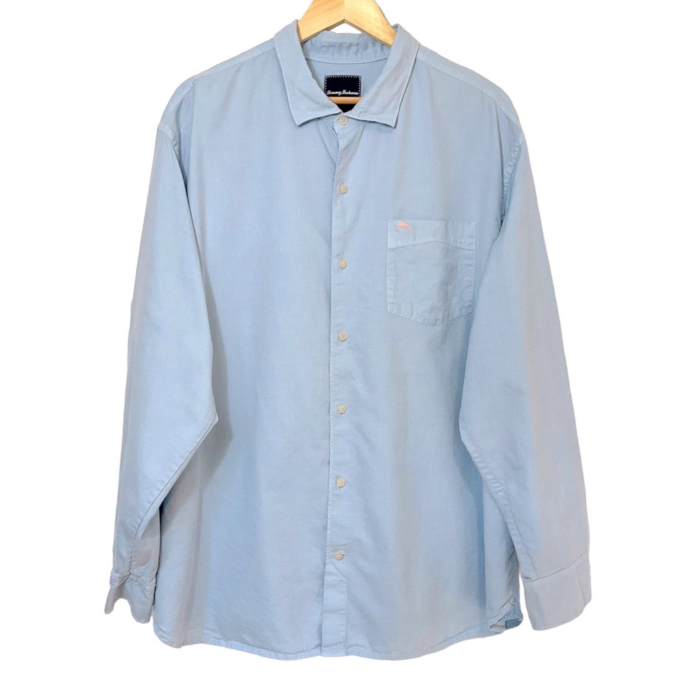 Tommy Bahama Men’s Twill Button Up Shirt Blue Cotton Silk Blend Long Sle…